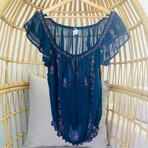 ✨ VENUS Sheer Embroidered Boho Peasant Blouse – Navy & Mauve – Size L